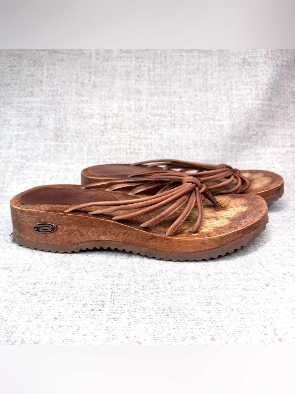 Bongo Vintage Y2K Wooden Platform leather Sandals womens sz 10 strappy Boho